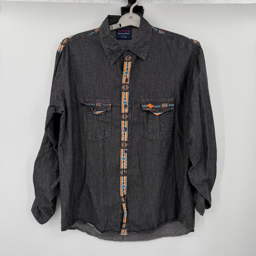 Nu Trendz Mens Large Black Cotton Southwestern Western Embroidered Denim Shirt